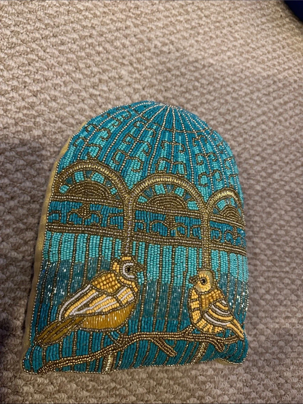 Decorative Teal and Gold Beaded Bird Accent Pillow Set - Home Accents 3 pillows